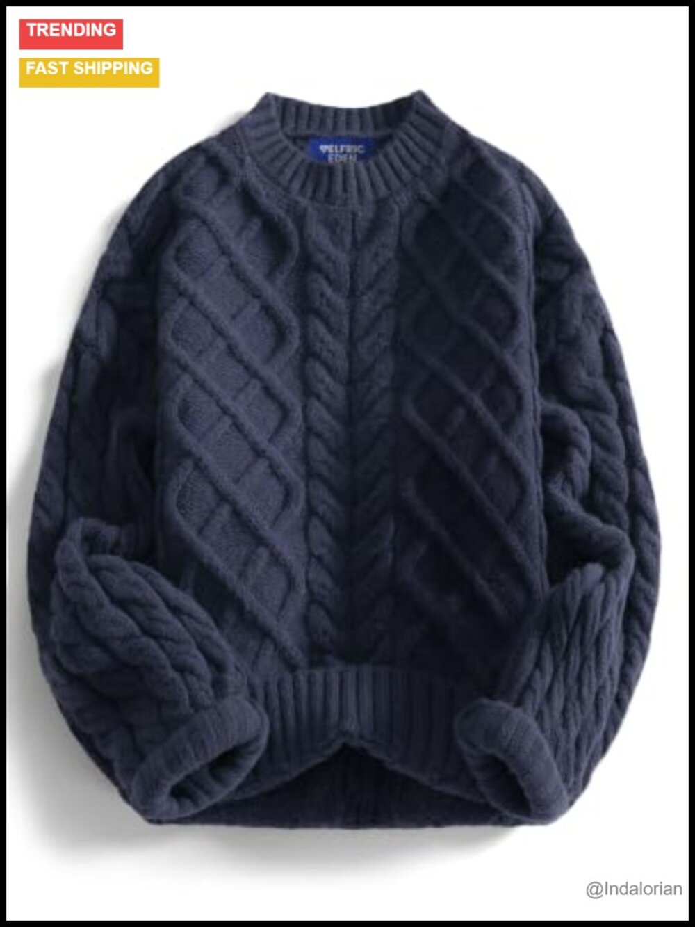 Oversized Cable Knit Crewneck Sweater Lantern Sleeve Pullover